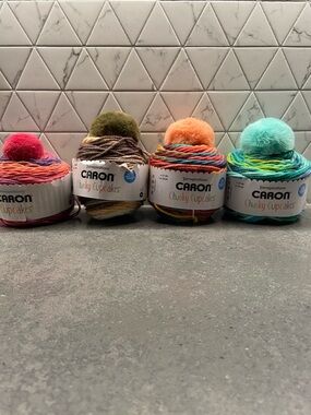 Caron Chunky Cupcakes Multicolor Pom-Pom Yarn (3) & Caron Cupcakes (1) Bundle